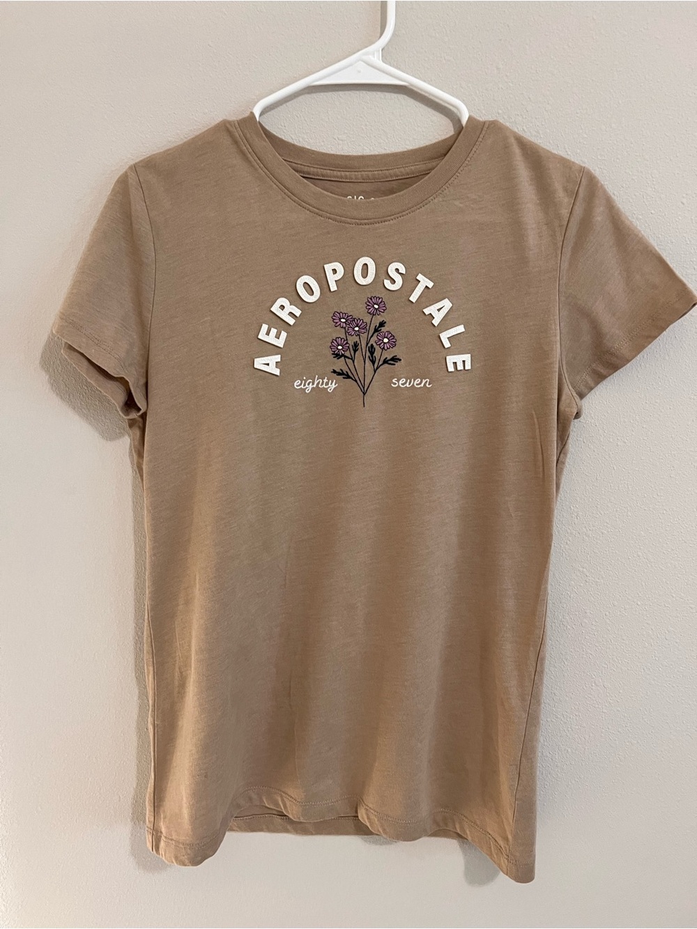 Aeropostale Tan Short Sleeve Tee with Purple Floral Logo
